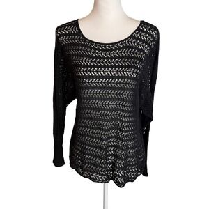 Peruvian Connection Black Pima Cotton Crochet Open Knit Dolman Sweater Top
